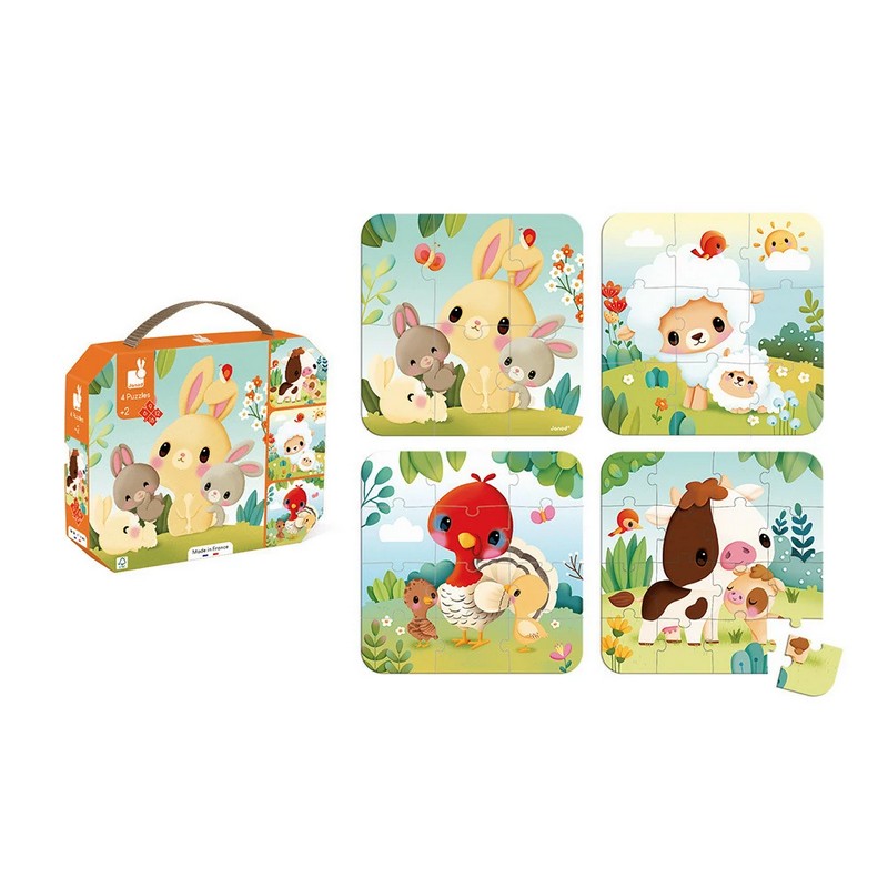 Set 4 puzzle evolutivi per bambini dai 2 anni in su a tema animali della fattoria: da 6, a 9, a 12 a 16 pezzi